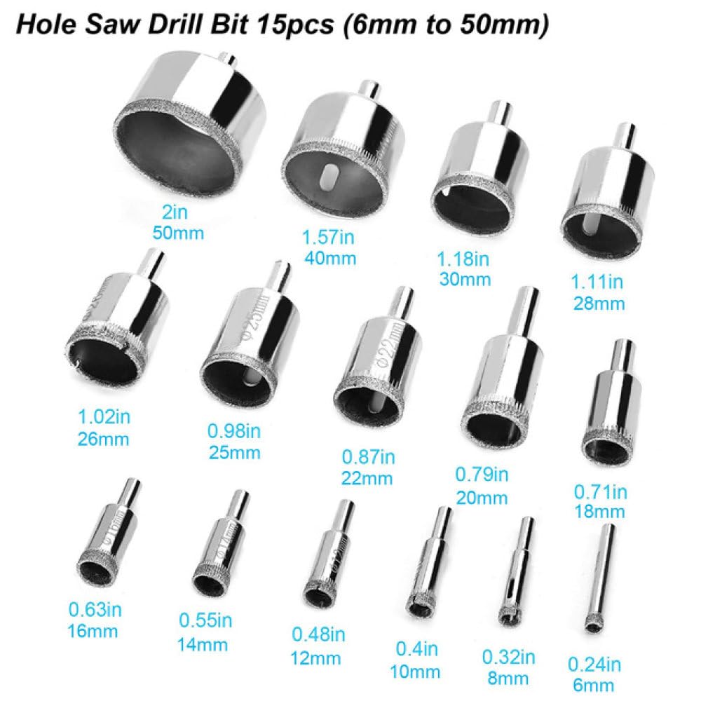 Set di punte da trapano con rivestimento diamantato, marmo, vetro, ceramica, porcellana, piastrelle, granito, pietra, bottiglie, sega a tazza, taglierina per costruzione elettrica, sega a tazza, 15