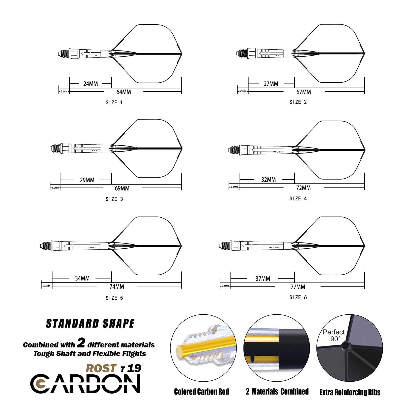 CUESOUL Rost T19 Eje de dardo Integrado de Carbono y Forma estándar de Vuelo, Juego de 3