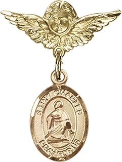 14kt Yellow Gold Baby Badge with St. Charles Borromeo Charm and Angel w/Wings Badge Pin 1 X 3/4 inches