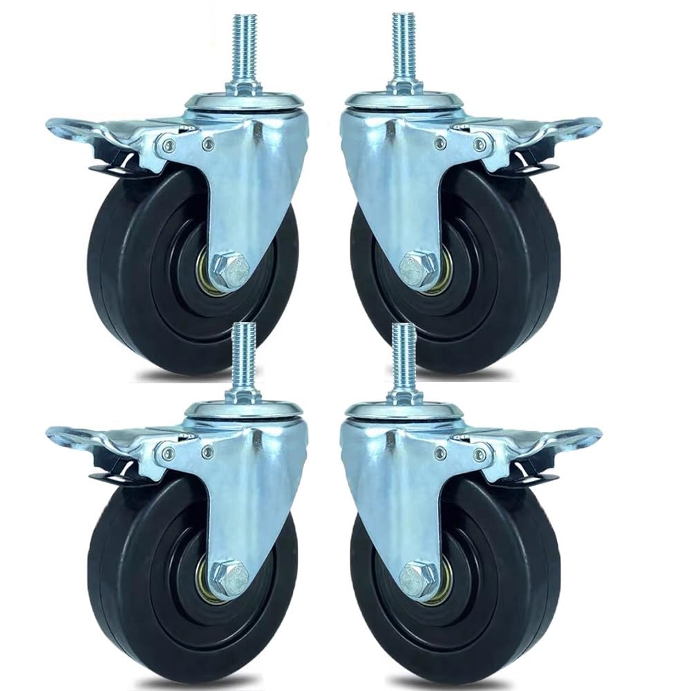 Silencieuse Tige Filetée roulettes M12, Caoutchouc Roulette 3/4/5 Pouces, 4 Pièces roulettes Pivotantes avec Frein pour Armoires, Établi(with Brake,4 inch)