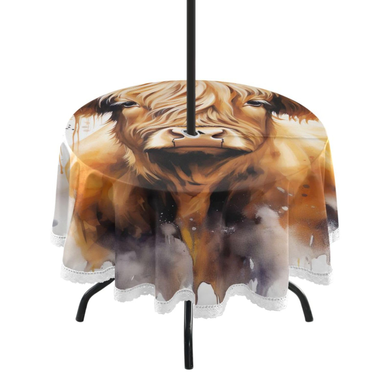 Wajiw 60 Inch Indoor Outdoor Round Tablecloth with Umbrella Hole and Zipper Waterproof Patio Table Cover for Camping Dining Room Party Outdoor Picnic,Highland Cow
