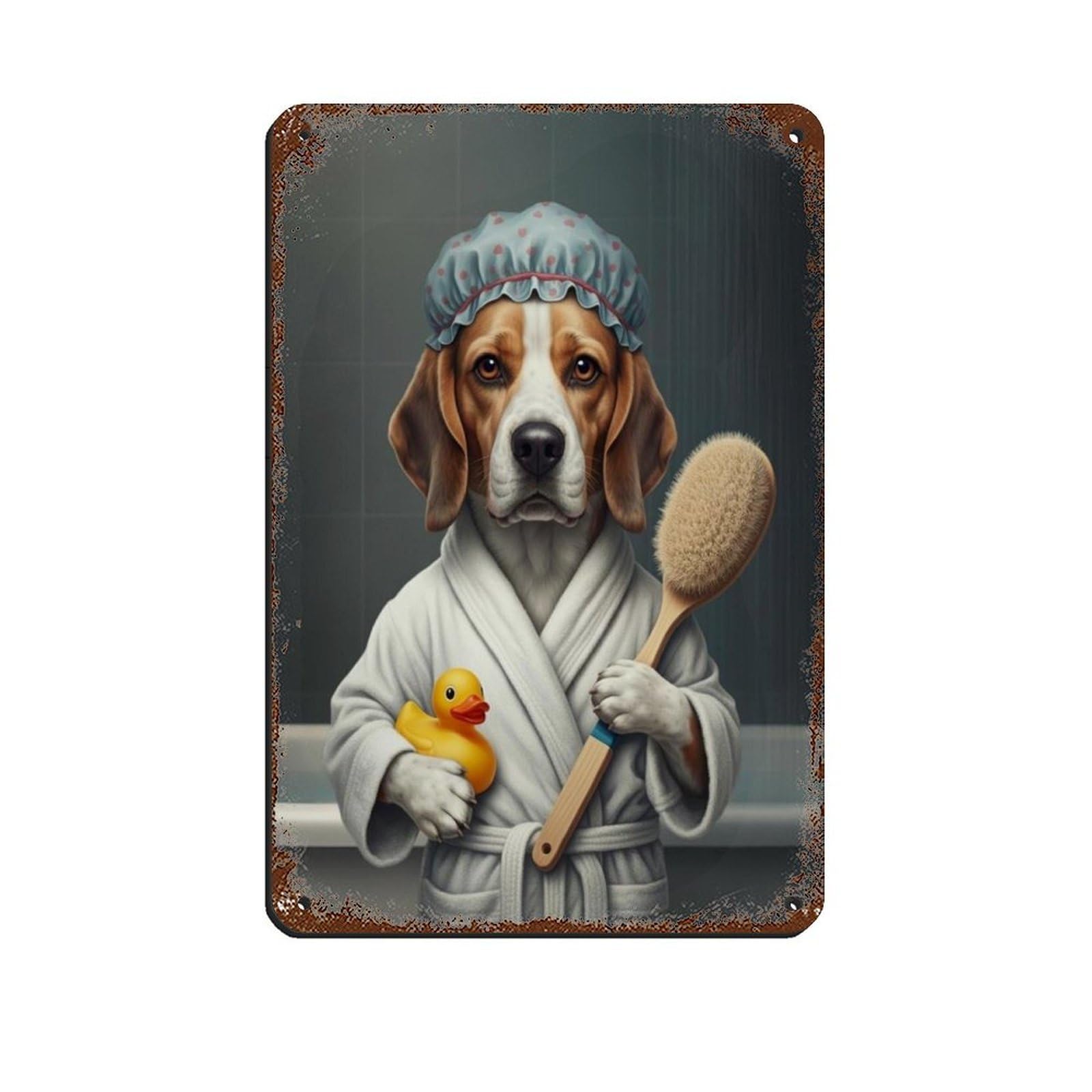 Dog with Rubber Duck Wearing Bathrobe Poster Retro Poster Metal Tin Sign Chic Art Retro Iron Painting Bar People Cave Cafe Family Garage Poster Wall Decoration 8x12inch(20x30cm)