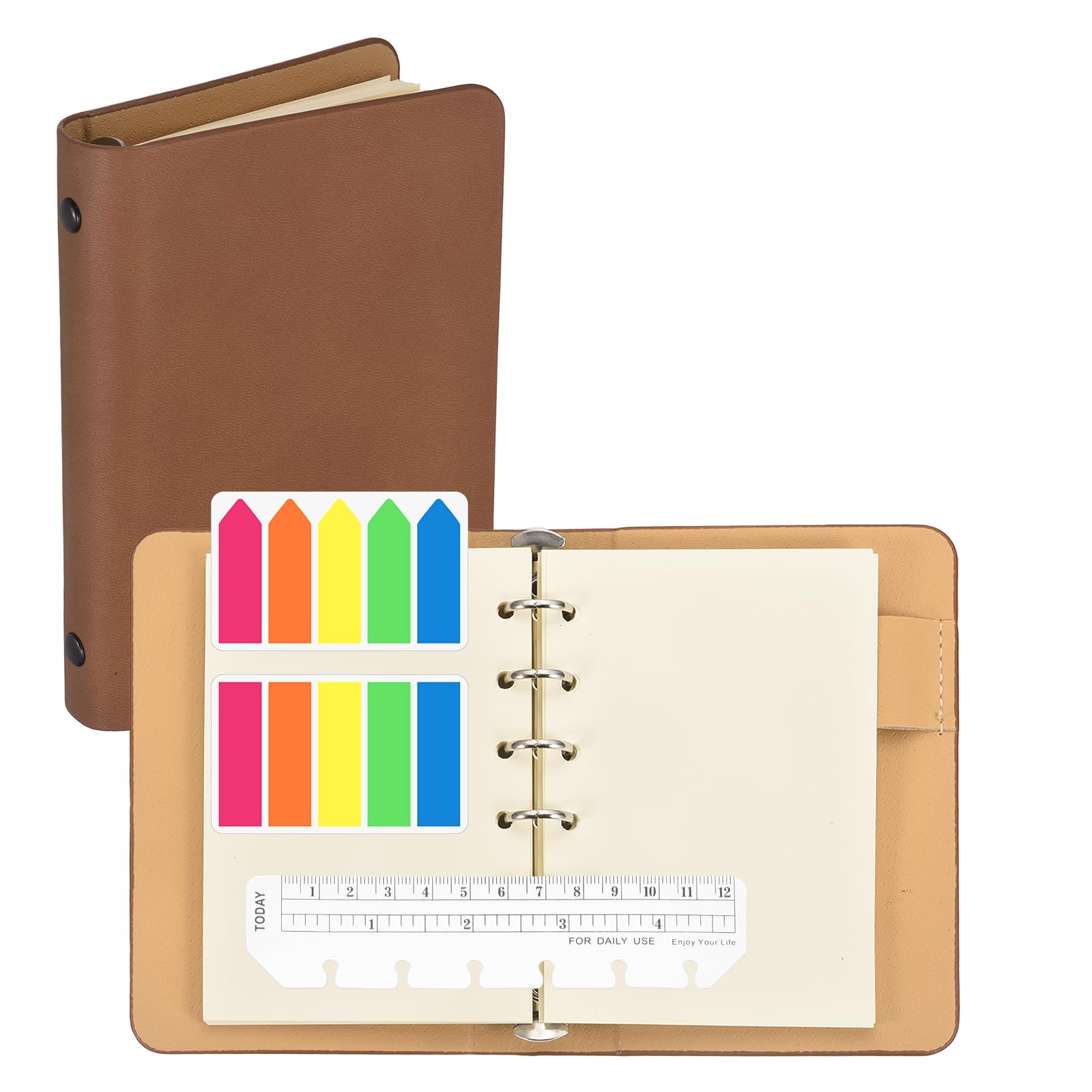 PATIKIL A6 Blank Pages 6 Ring Binder, Leather Notebook with Transparent Bookmark Ruler and Colorful Index Sticky Tabs for Office Study Work, Coffee