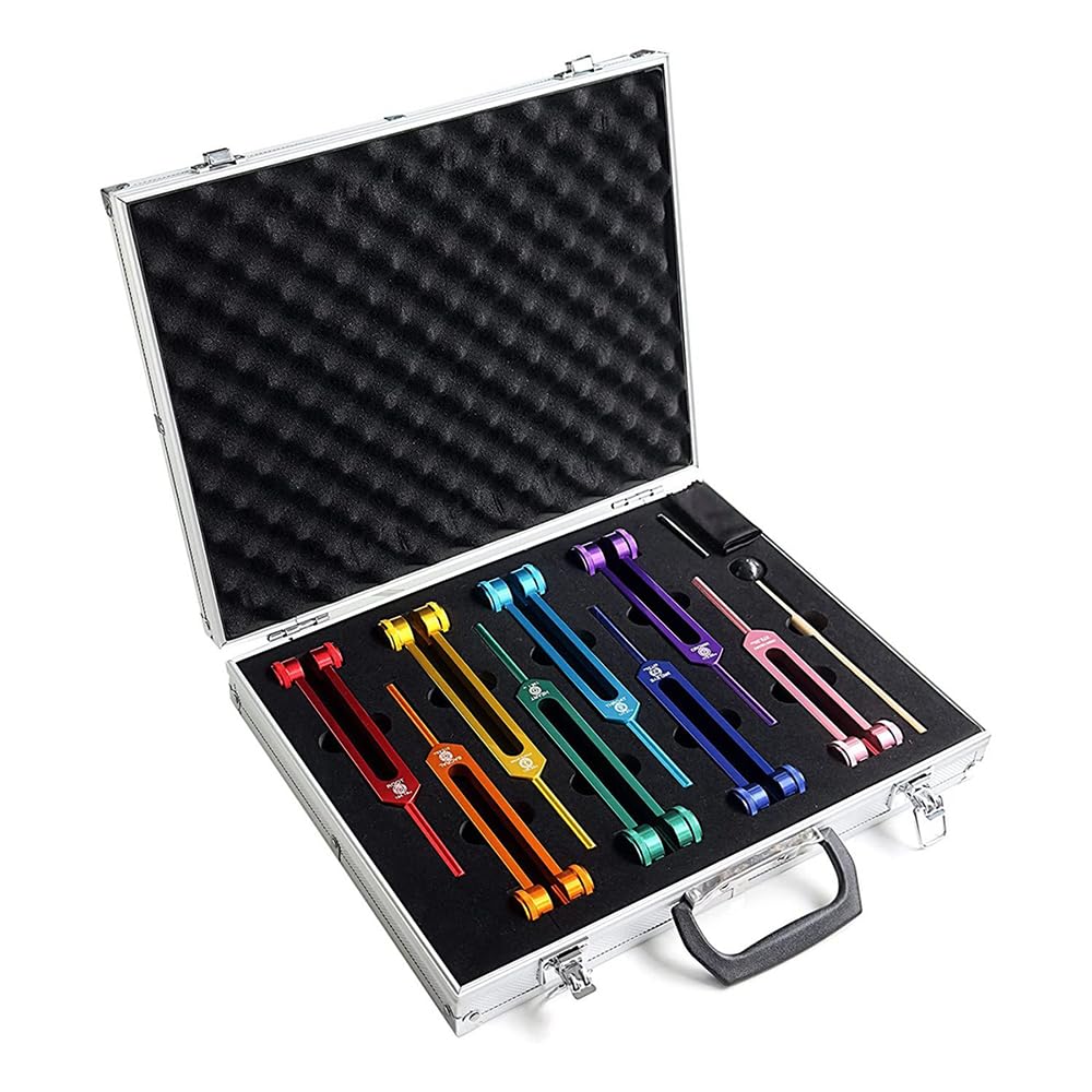 NEWFUN Stimmgabel,Stimmgabel Neurologie,8er Set mit Sockel + 1 Silikonhämmer und Reinigungstücher für Klangtherapie Gewichtete Stimmgabel Geeignet für Meditation, Anti-Kompression