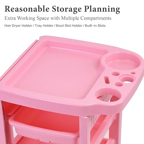 Miniatura 5 de Paddie Carrito de salón rosa con ruedas, 5 cajones, soporte para secador de pelo, ranura para estilista de cabello, equipo de salón de belleza