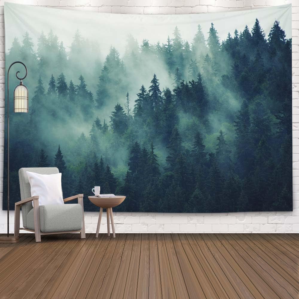 EMMTEEY Forest Tapestry Wall Art 60x40 - Misty Pine Mountain Scenery, Durable Nature Tapestry for Bedroom & Living Room Decor, Outdoor Green Tree