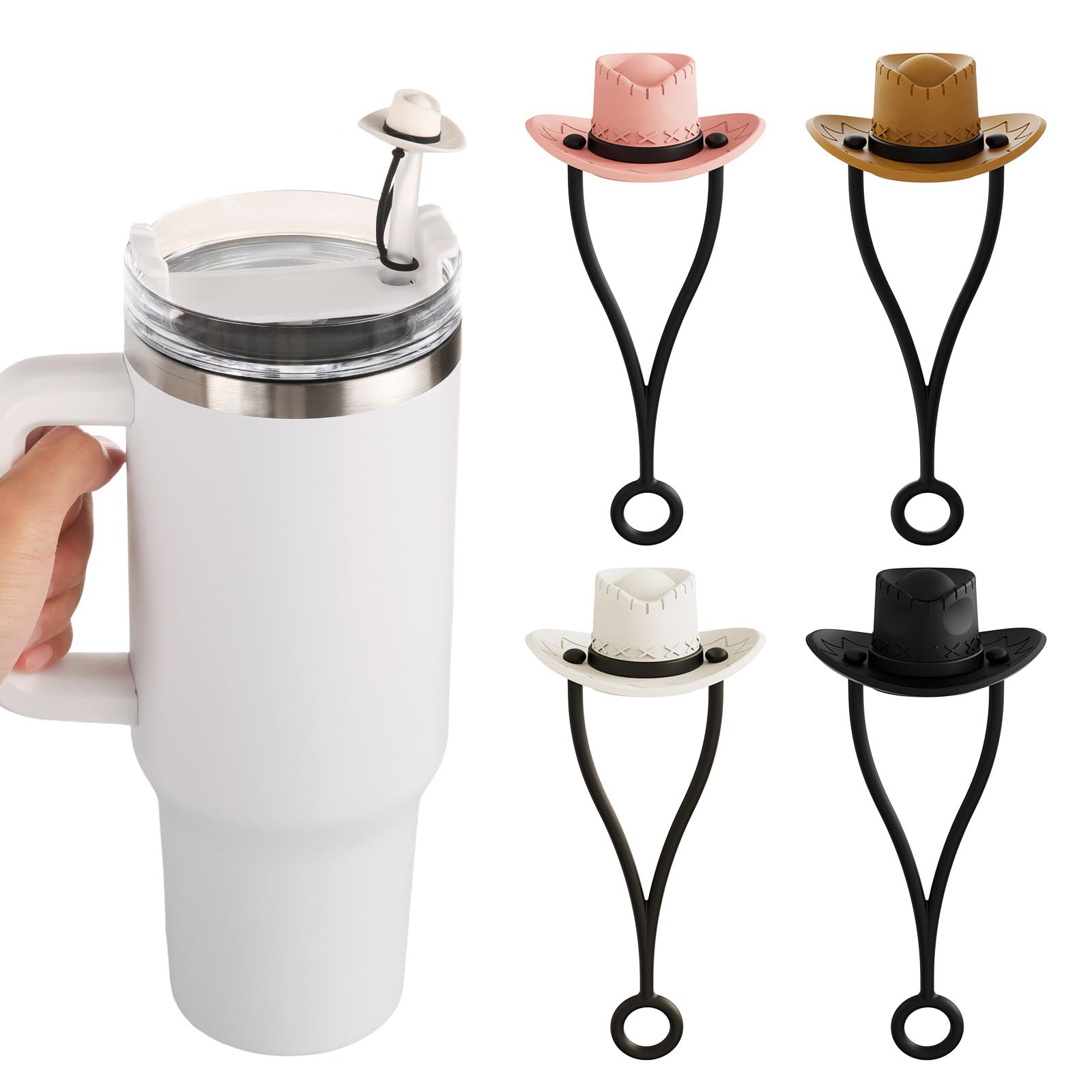 EDIMENSEDIMENS 4 Pack Silicone Cowboy Hat Covers Cap Topper for 6-10mm Stanley Cup 30 40 oz, Cute Straw Topper Caps for Tumblers, Reusable Drinking Accessories for Men Women Gift