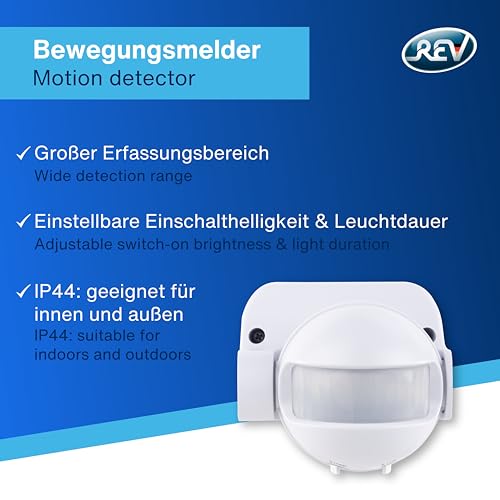 REV Bewegungsmelder aussen - IP44, Leuchtdauer & Helligkeitsempfindlichkeit einstellbar, LED geeignet, Reichweite 12m/180°, vertikal verstellbar, weiß