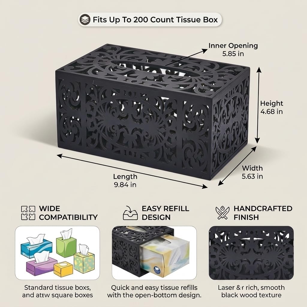 Home Collection Rectangle Wooden Tissue Box Cover, Black Decorative Wood Tissue Box Holder, Modern Farmhouse Kleenex Box Cover for Bathroom, Kitchen, Bedroom, Living Room, Office - Solid Wood