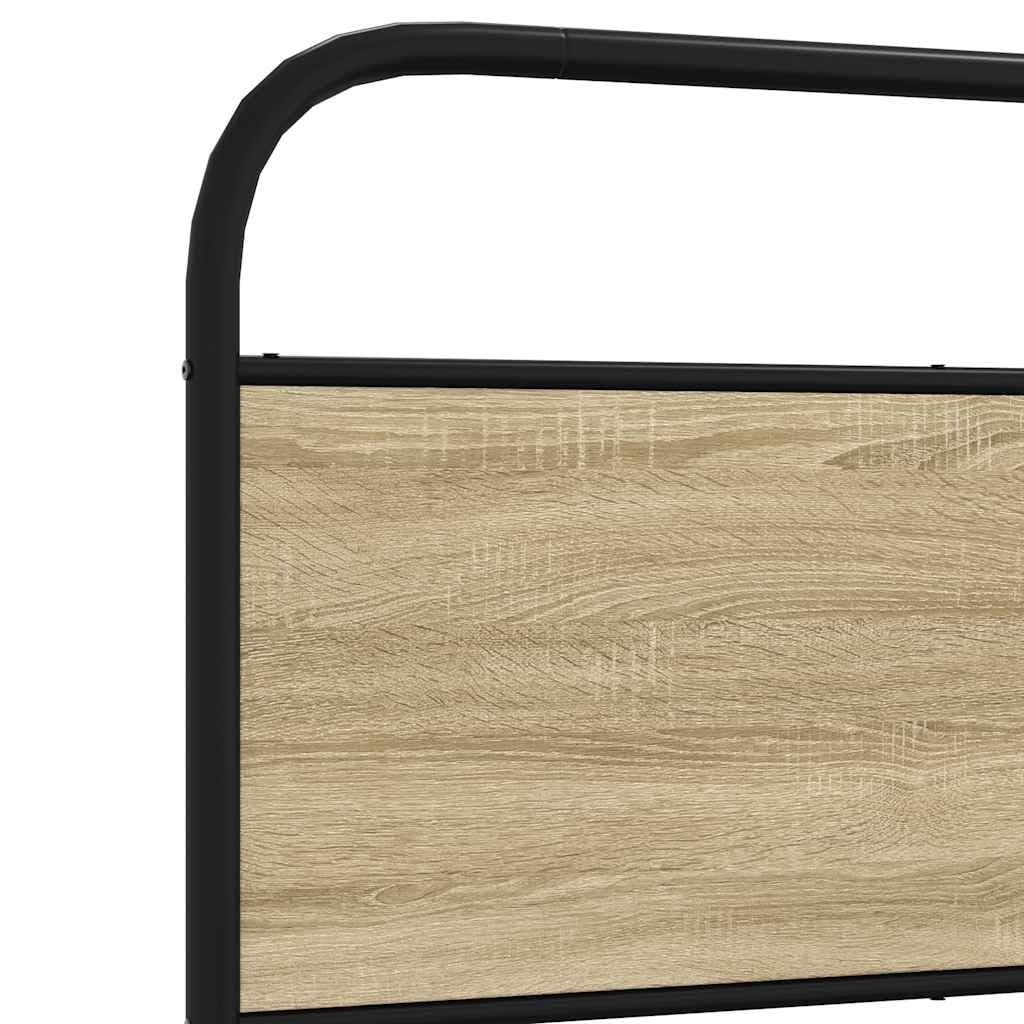 Estructura de cama de metal de 120 x 200 cm, sin colchón, cabecero de roble Sonoma, diseño moderno, marco de acero, somier de láminas de 27 cm de altura, para dormitorio y habitación de