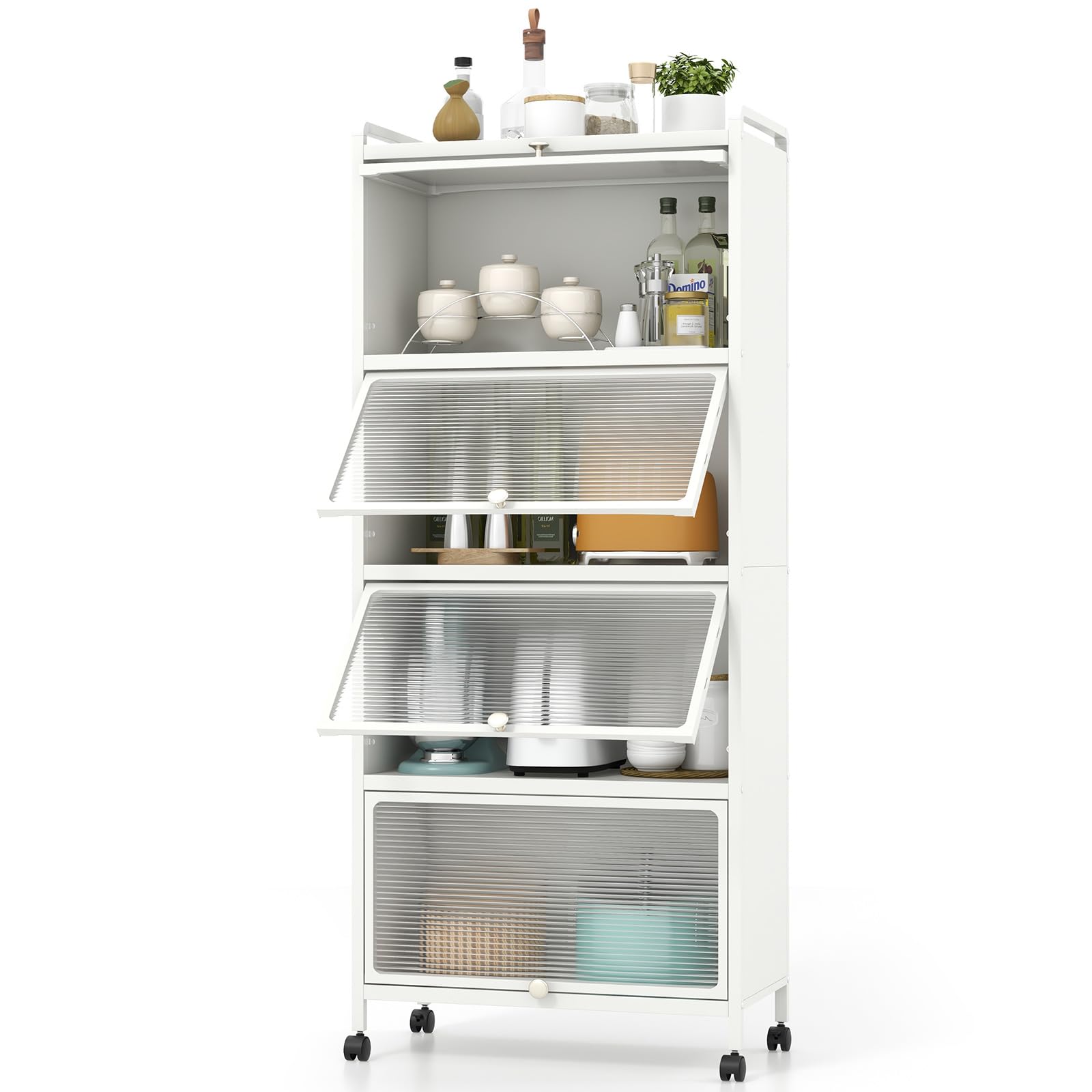 GIANTEX Küchenschrank Vorratsschrank Küche, Küchenregal Stehend auf Rollen, Küchenkommode Küchen Regal 5 Ebenen mit Aufklappbaren PC-Türen, Standregal Hochschrank mit Kippschutz, 60x32x154 cm