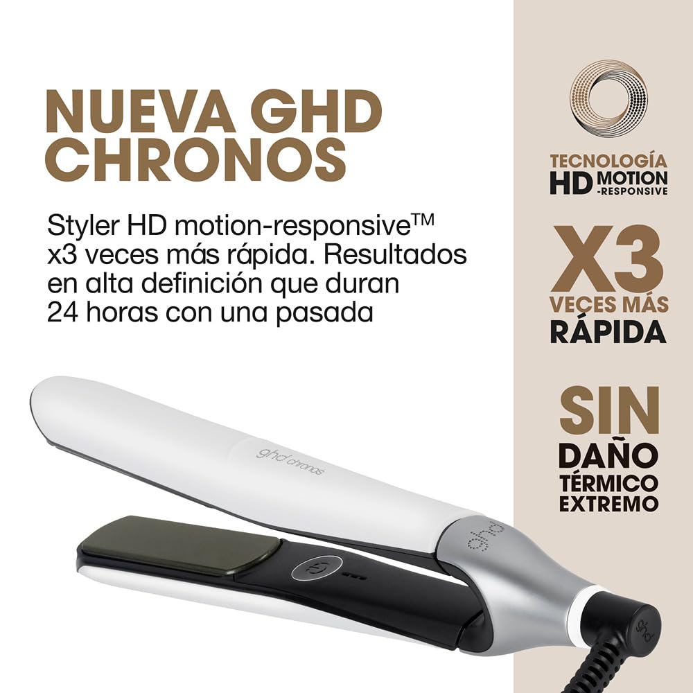 ghd chronos - plancha de pelo profesional, lisos, rizos y ondas de alta definición, 3 veces más rápida, tecnología HD motion-responsive, temperatura óptima de peinado 185ºC