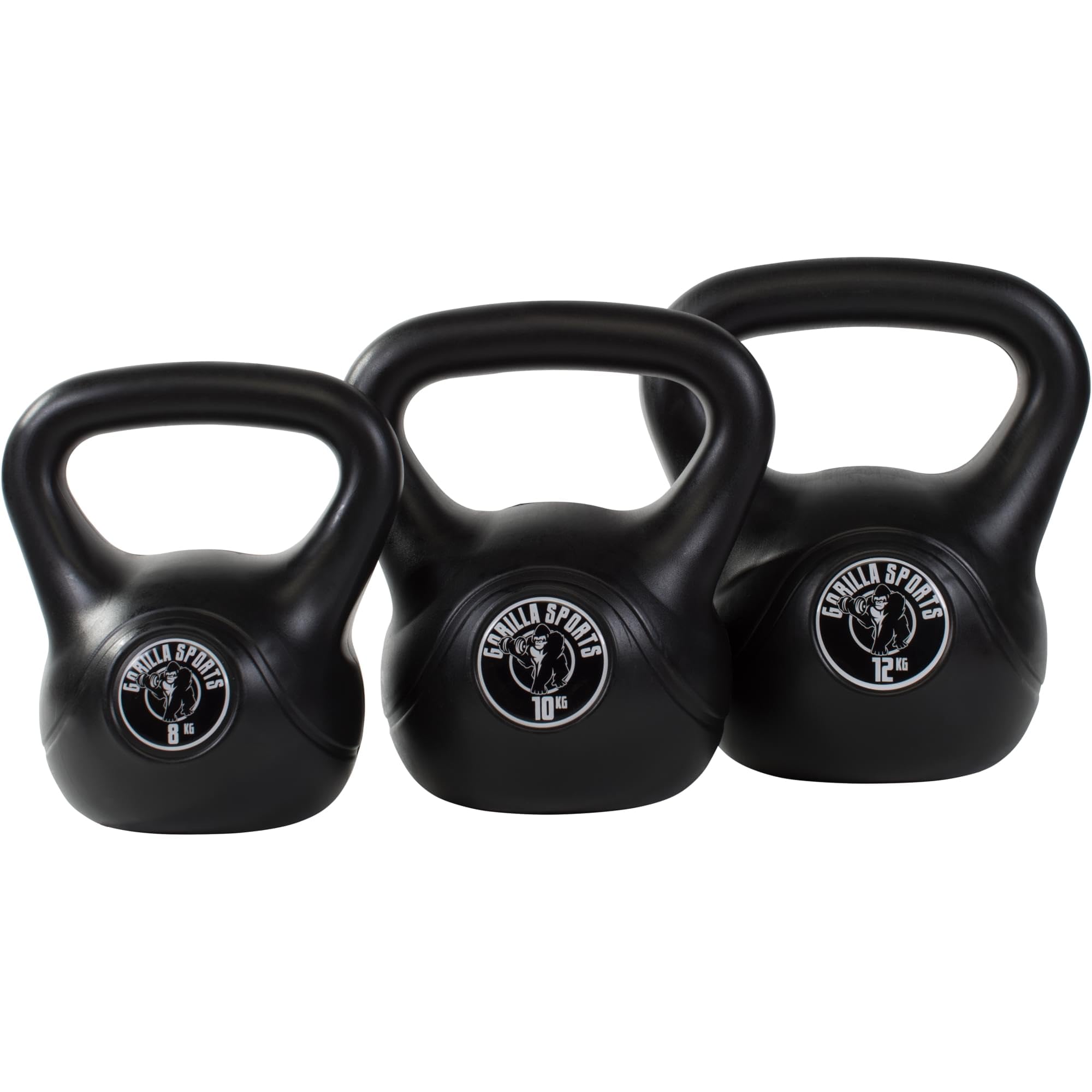 GORILLA SPORTS Kettlebell - Pesa rusa (2 kg, 3 kg, 4 kg, 5 kg, 6 kg, 8 kg, 10 kg, 12 kg, 14 kg, 16 kg, 18 kg, 20 kg, con/sin estante, de plástico, pesas rusas, peso esférico)