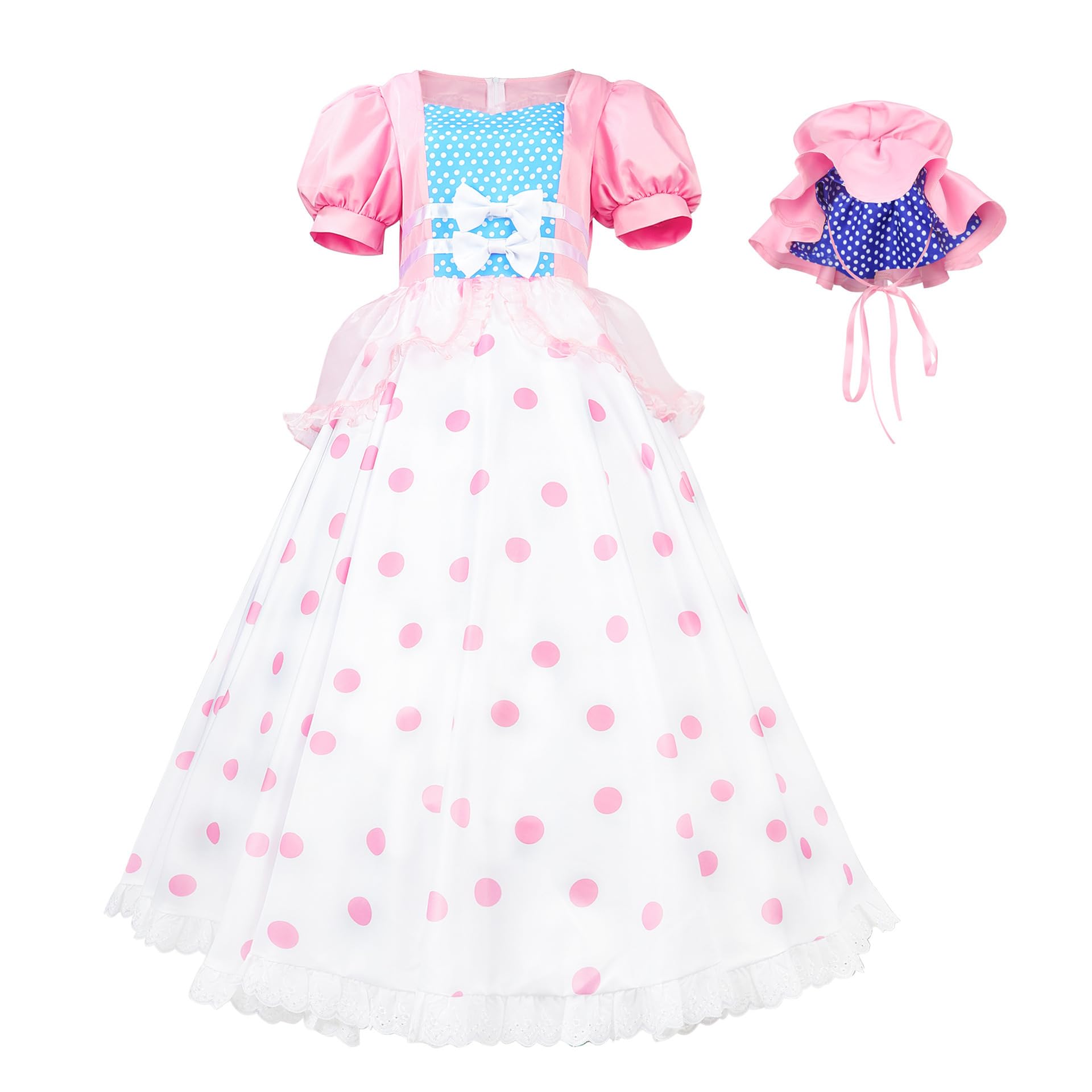 Photo 1 of Cuzeolin Womens Bo Peep Costume with Bonnet Hat Pink Polka Dot Dress Princess Halloween Cosplay Ball Gown for Adult XL
