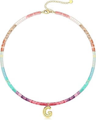 Beaded Initial Necklaces for Women Teen Girl Gifts Trendy Stuff Colorful Gemstone Choker Necklace with Bubble A-Z Stocking Stuffers for Teens Christmas Gifts for Her Birthday Summer Beach Jewelry for Daughter Sister Friend