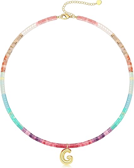 Beaded Initial Necklaces for Women Teen Girl Gifts Trendy Stuff Colorful Gemstone Choker Necklace with Bubble A-Z Stocking Stuffers for Teens Christmas Gifts for Her Birthday Summer Beach Jewelry for Daughter Sister Friend