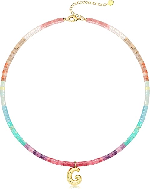 Beaded Initial Necklaces for Women Teen Girl Gifts Trendy Stuff Colorful Gemstone Choker Necklace with Bubble A-Z Stocking Stuffers for Teens Christmas Gifts for Her Birthday Summer Beach Jewelry for Daughter Sister Friend