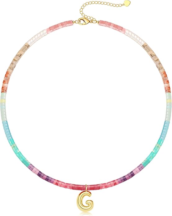 Beaded Initial Necklaces for Women Teen Girl Gifts Trendy Stuff Colorful Gemstone Choker Necklace with Bubble A-Z Stocking Stuffers for Teens Christmas Gifts for Her Birthday Summer Beach Jewelry for Daughter Sister Friend