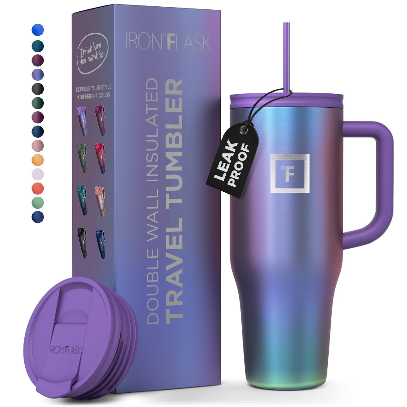 IRON °FLASK Co-Pilot Insulated Mug w/Straw & Flip Cap Lids - Cup Holder Bottle for Hot, Cold Drink - Leak-Proof - Water, Coffee Portable Travel Mug - Aurora, 40 Oz