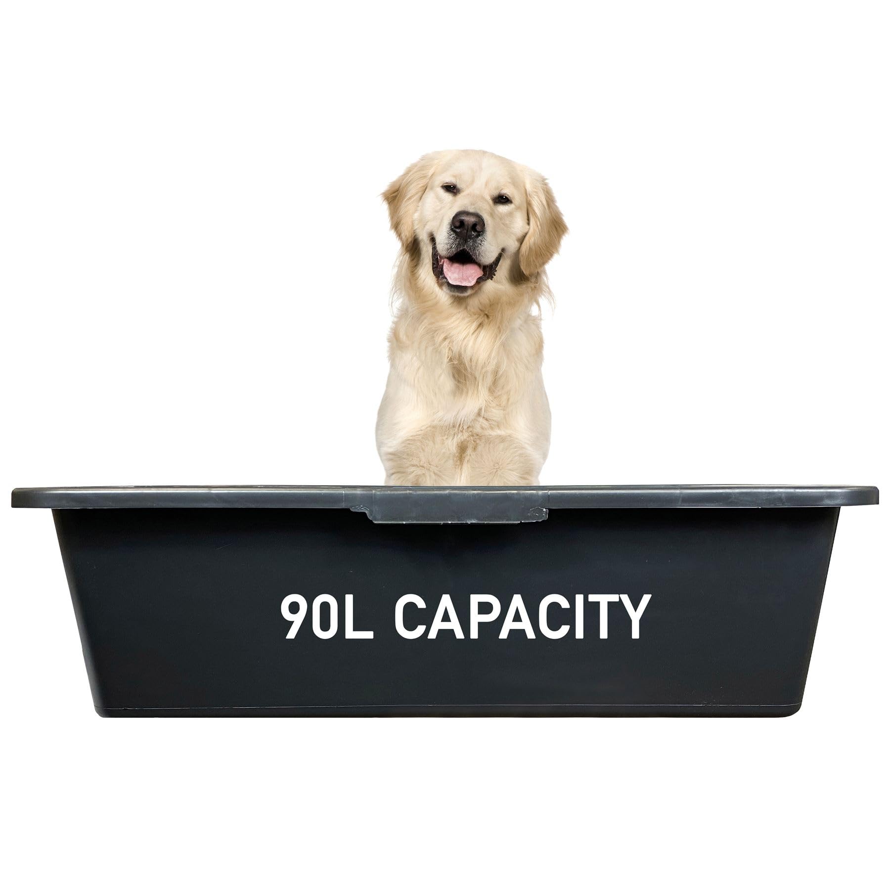 Picraft Dog Bath Tub 90L, Pet Grooming Wash Basin Kit, Black Heavy Duty Plastic Tub 83x50x30cm, Integrated Drain Tap Valve (Black), Quick Hose Connector, Outdoor Large Dog Paw Washing Station