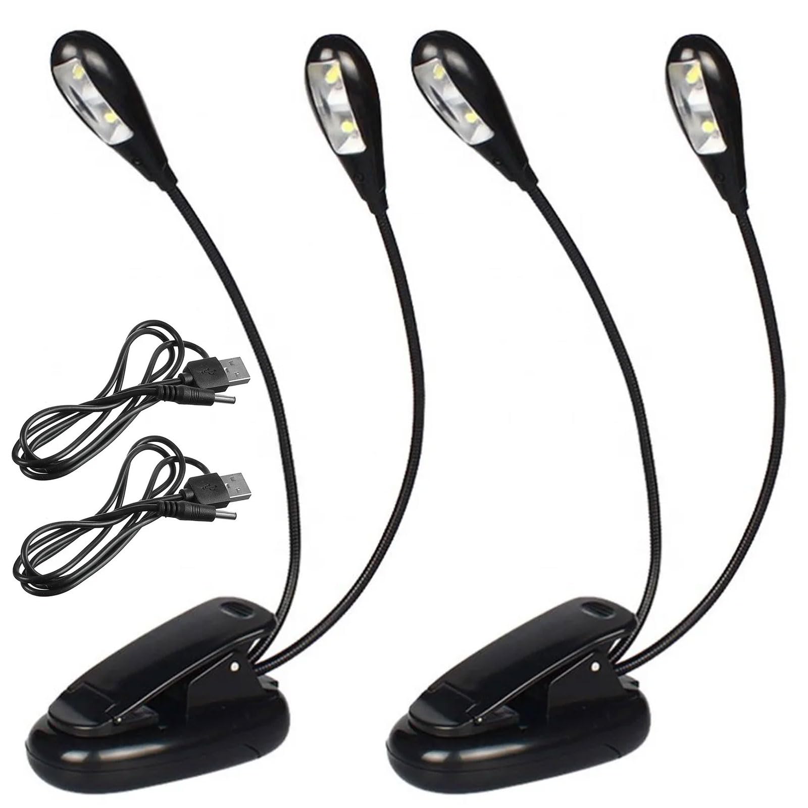 Cerioll Muzyczna lampka do stoiska, muzyczna lampka do czytania, podwójna głowica do czytania, 4 lampki LED z kablem USB, na fortepian, biurko, stojak na stół, czarny, 2 szt