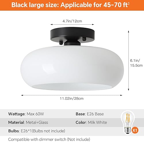 Miniatura 2 de Lámpara de techo semiempotrada, moderna de mediados de siglo con pantalla de vidrio de leche de 11.02 pulgadas, lámpara de techo vintage para