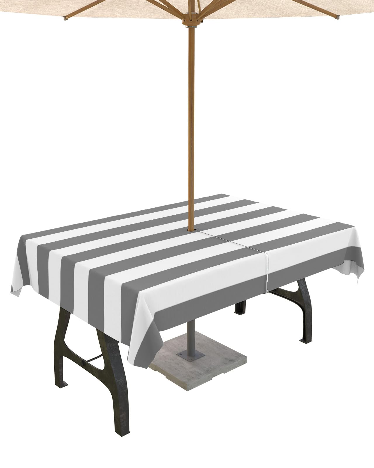 BABE MAPS Outdoor Tablecloth with Umbrella Hole and Zipper, Grey and White Stripes Rectangle Waterproof Table Cloth Wrinkle-Free Washable Table Cover for Patio Picnic Party Table Decor 52x70in