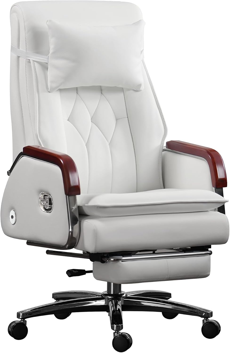 Kinnls Cameron Massage Chair Genuine Leather with Heated Ventilation, Managerial Executive Home Office Chair Fully Reclining with Retractable Footrest and Adjustable Headrest (Cowhide Leather-White) product image