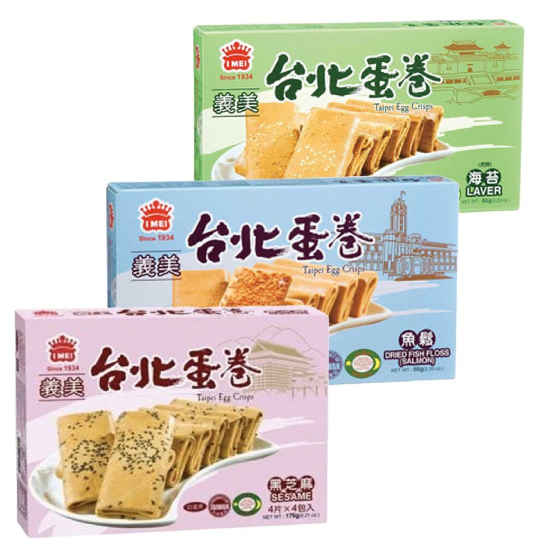 Imei Taipei Egg Crisps Wafers Taiwanese Crispy Snacks - Sesame, Laver & Dried Fish Foss Flavour 66g (Pack of 3)