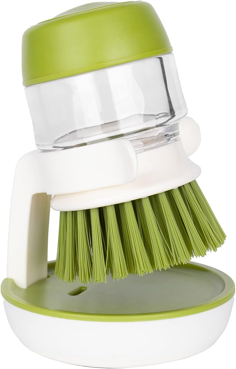 DAPOWER Soap Dispensing Palm Scrub Brush with Drip Tray, Washing Brush for Dishes Pots Pans Sink Cleaning, Kitchen Scrubber Storage Stand Set (Green)