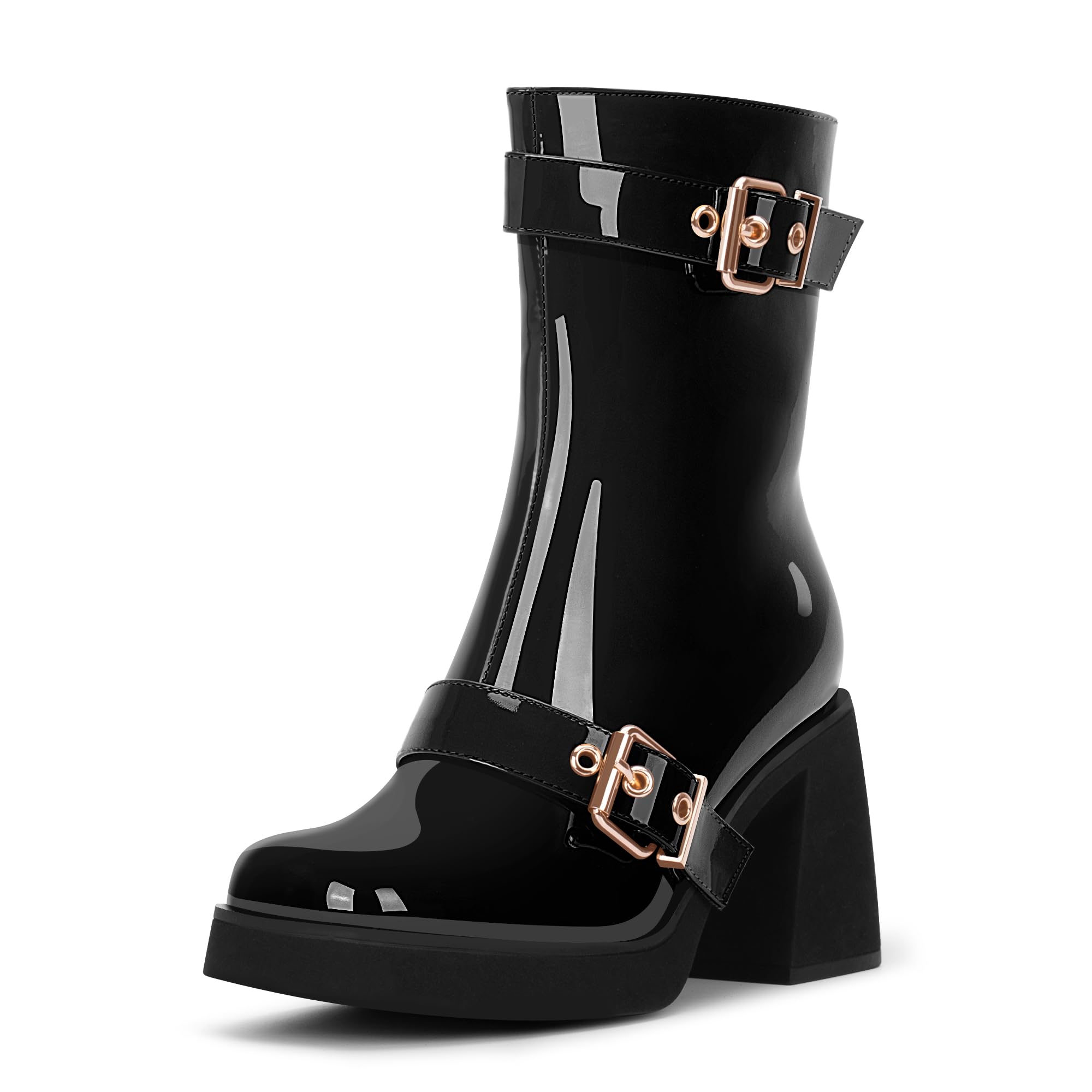 Womens Chunky Heel Square Toe Platform Buckle Strap Mid Calf Boots