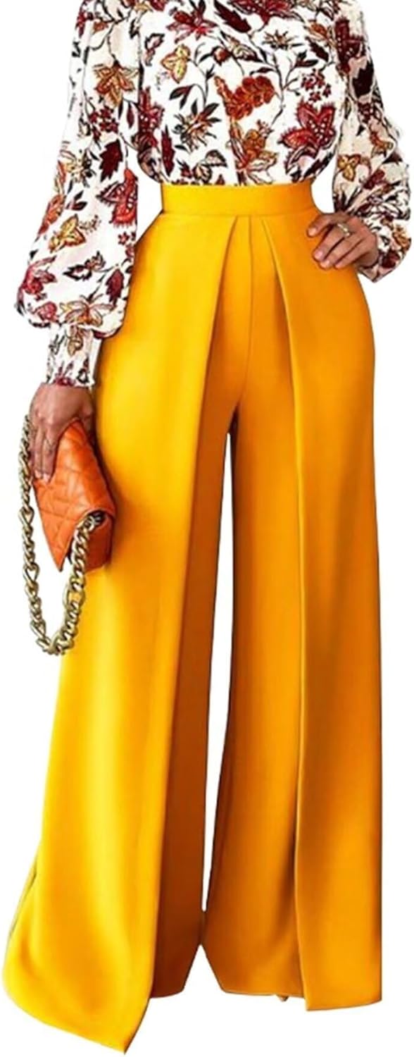 Women's High Waisted Wide Leg Palazzo Pants, Pleated Dressy Trousers for Business Office Work