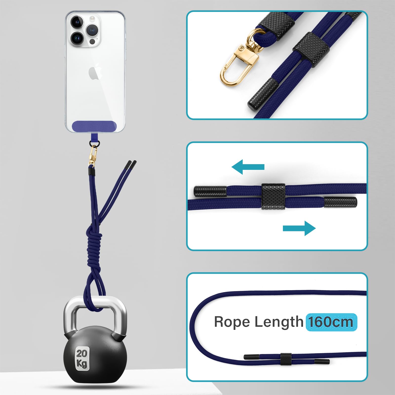 Lanière Collier Réglable Dragonne Téléphone Universelle - Collier Réglable 160cm - Patch Amovible - Pour Smartphones Avec Coque Mains Libres