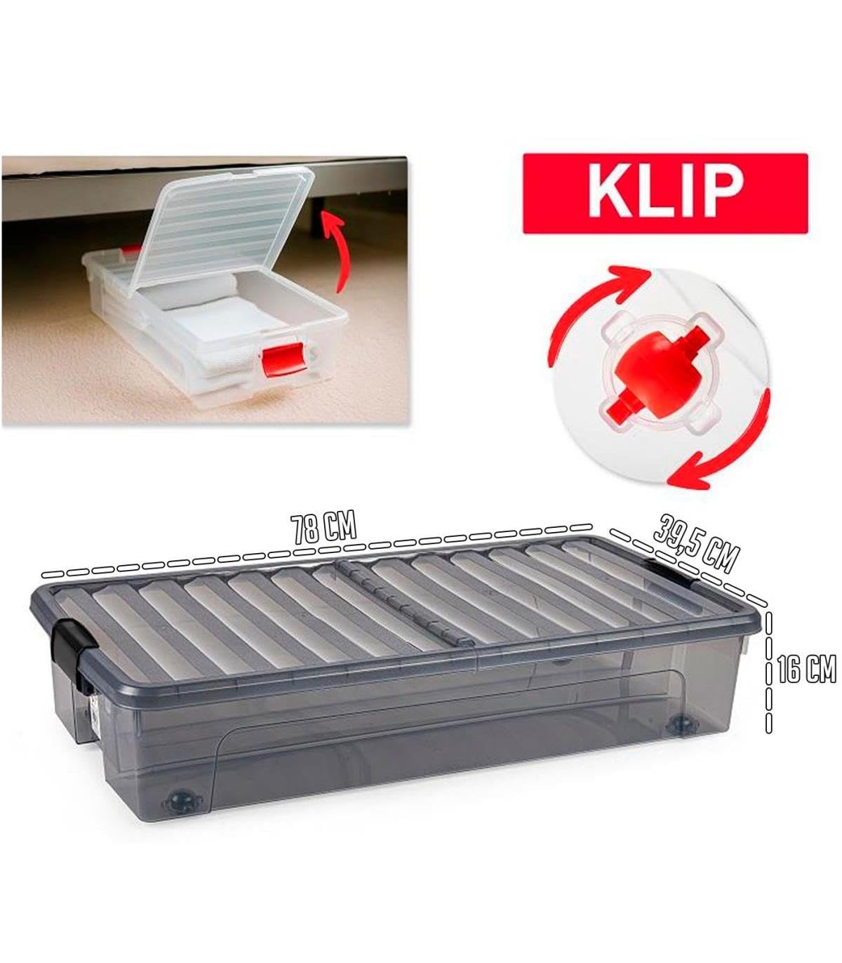 Acan Tradineur - Confezione da 6 scatole portaoggetti modello KLIP Bassocama in plastica, capacità 35 litri, chiusura ermetica e coperchio apribile, 16 x 39,5 x 78 cm, colore: antracite