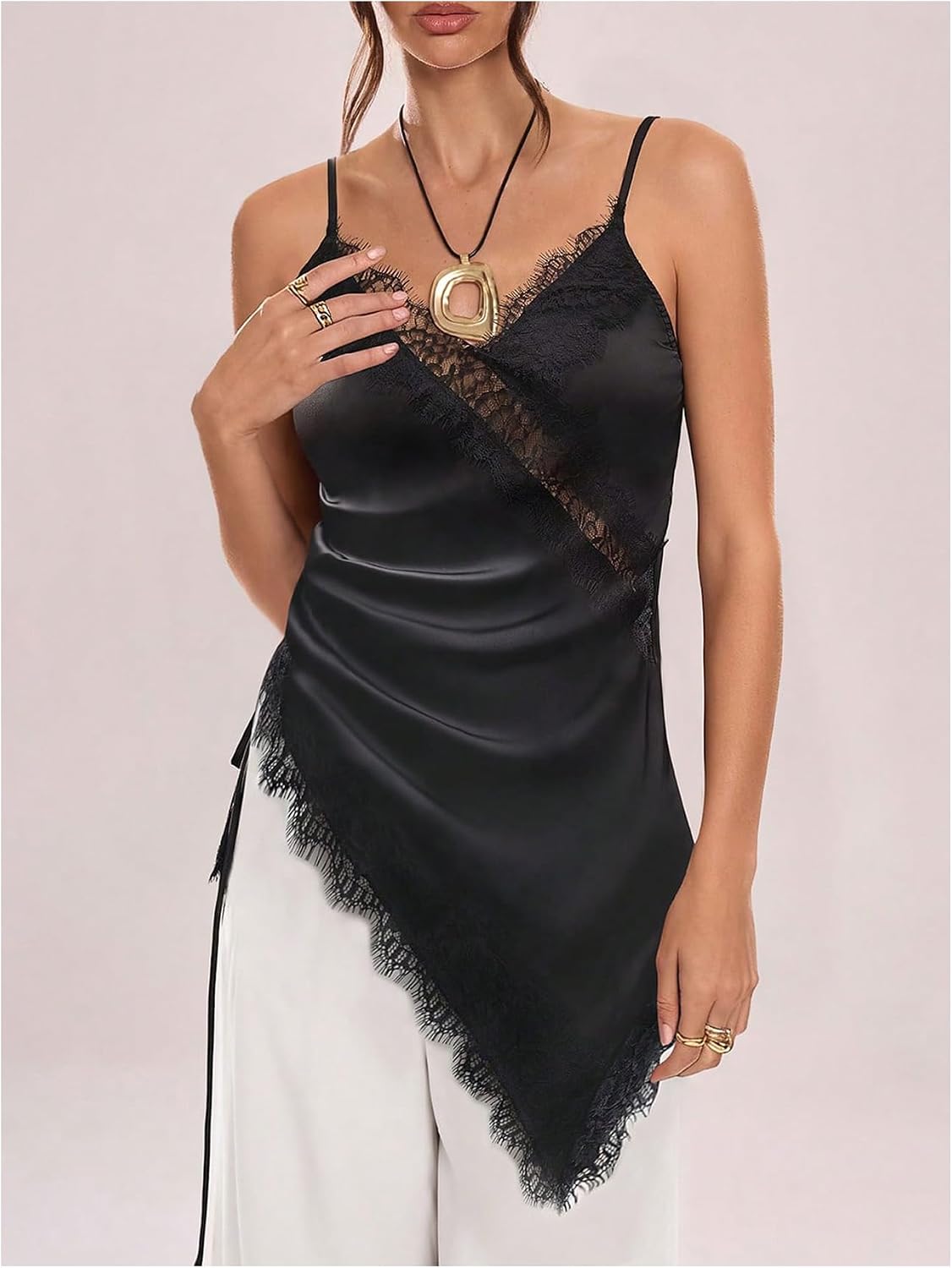 BEAUDRM Women's Sexy Lace Satin Top Y2K Drawstring Ruched V Neck Spaghetti Strap Asymmetrical Silk Going Out Top Camisole
