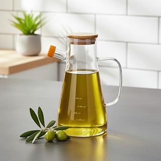 Deconox 1 Adet 900 ML Bambu Kapaklı Borosilikat Cam Yağlık ve Sirkelik, Isıya Dayanıklı ve Ölçekli Tasarım, Damlatmaz Ağızlı Modern Mutfak Sosluk Şişesi