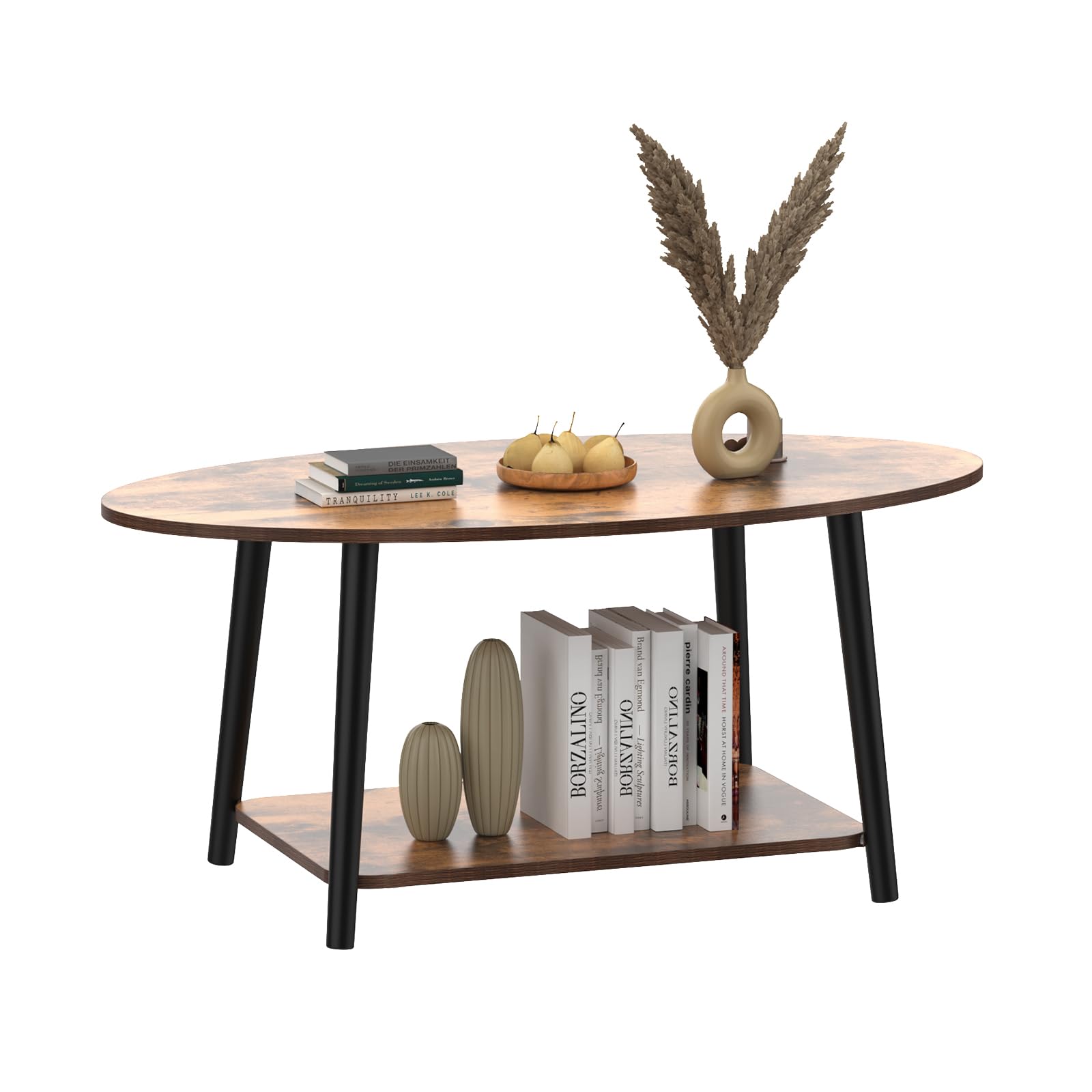 HUOLE Mesa de té de madera, mesa de centro ovalada con estante, muebles de salón, diseño aglomerado, madera de haya, 100 x 53 x 45 cm, madera quemada