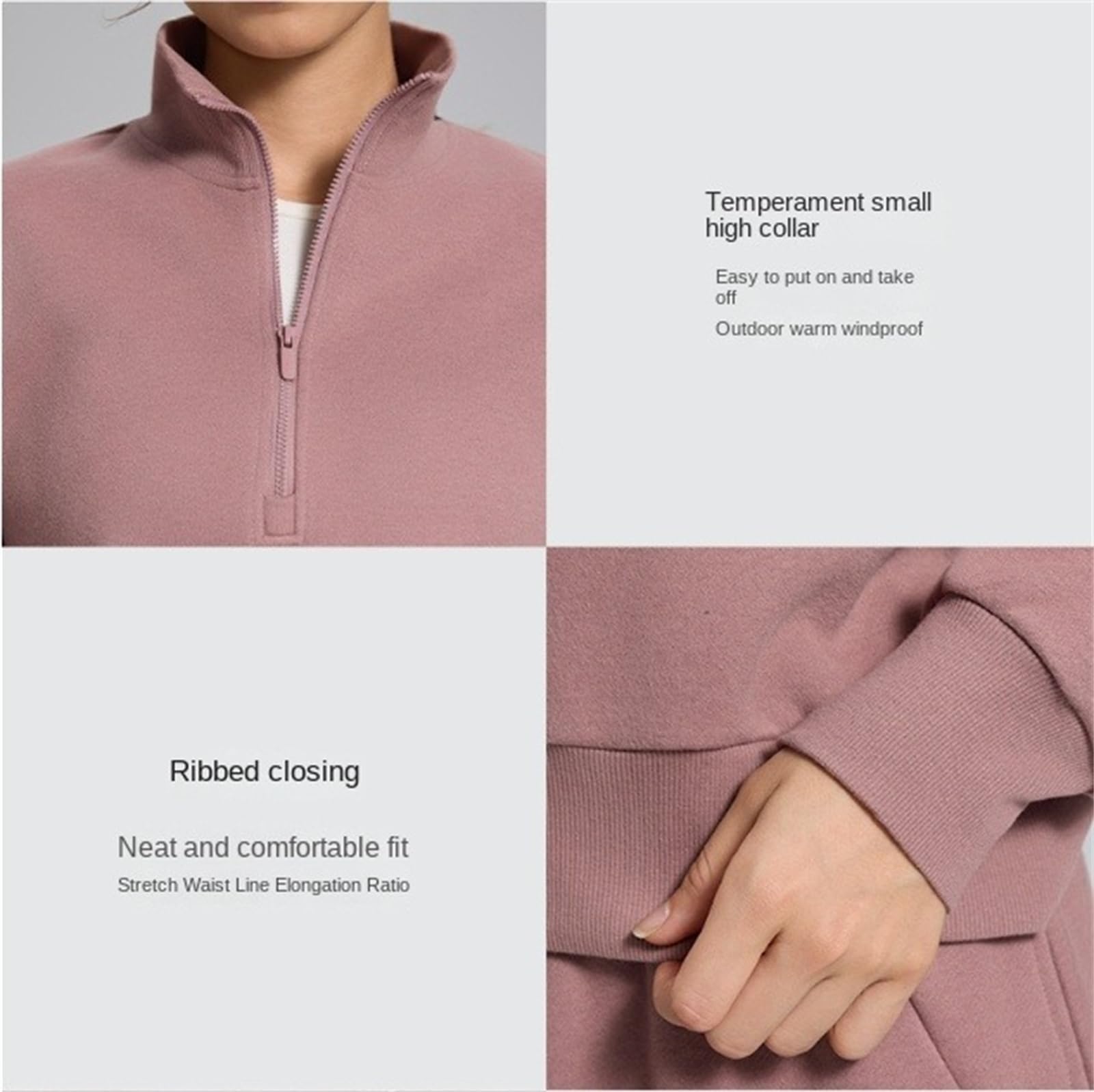 Sudadera con forro polar de algodón con media cremallera para mujer, cuello alto falso, manga larga, sudadera corta para mujer.