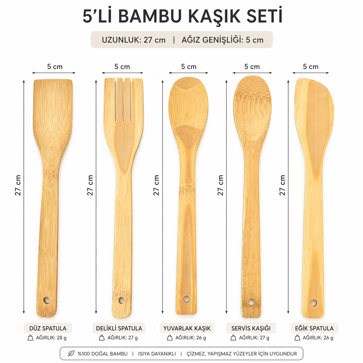 5 Parça Bambu Mutfak Kaşık Seti –%100 Doğal, Çizilmeye Karşı Korumalı, Isıya Dayanıklı, Hafif, Ergonomik, Tencere ve Tavalar ile Uyumlu, Sağlıklı ve Çevre Dostu Premium Set