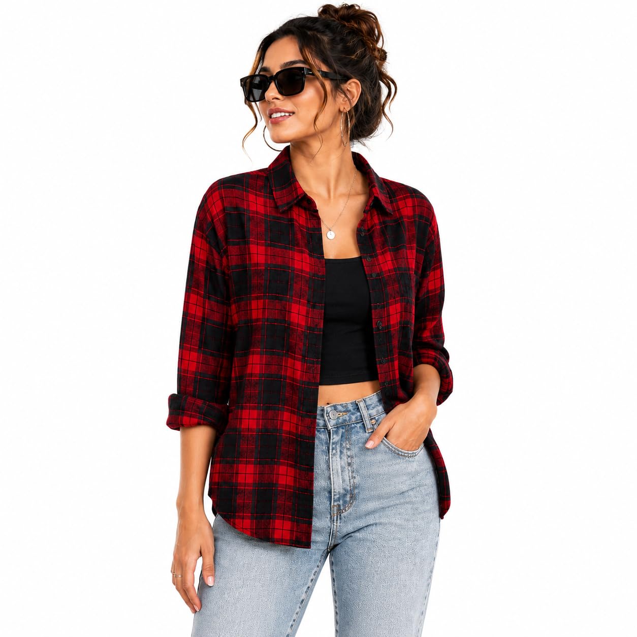 Women's Red Black Plaid Flannel Shirt-picture-45