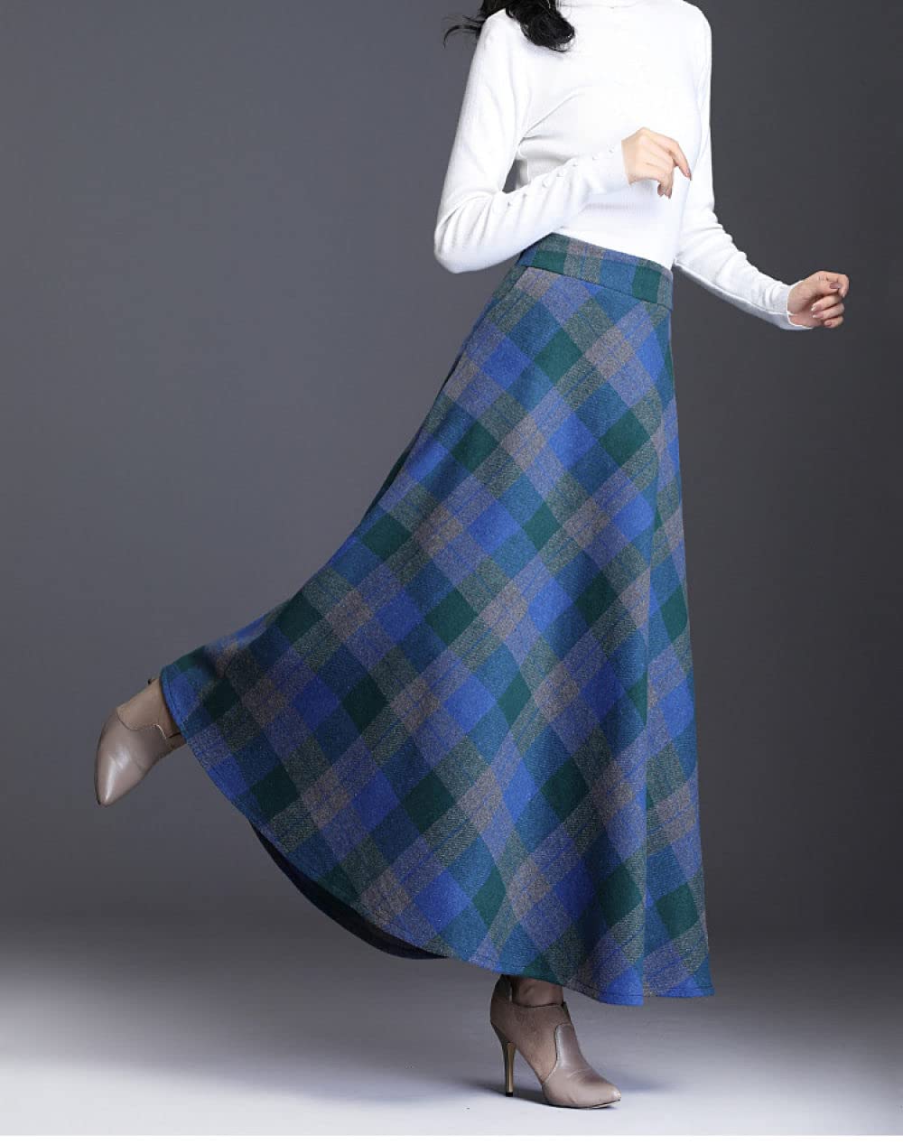 Gonne Invernali Donna, Maxi Gonne per Donna Elastico in Vita Vintage Blu Reticolo Spesso Inverno Tartan Gonna Calda Increspato Gonna A-Line A Vita Alta Grandi Gonne A Pendolo