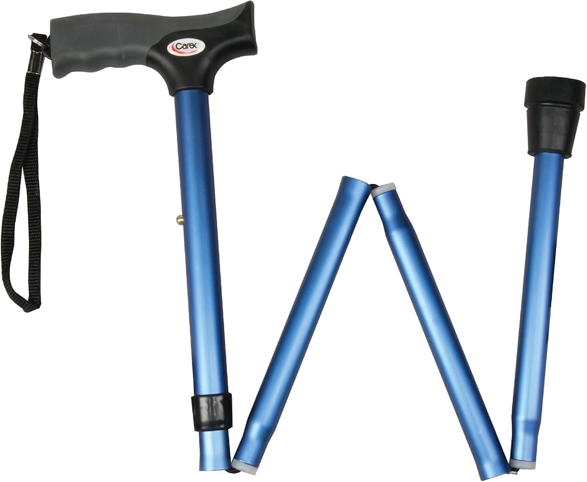 Carex Soft Grip Folding Cane - Foldable Walking Cane For Women and Men - Adjustable Height (33"-37"), Anti-Slip Rubber Tip, Soft Derby Style Ergonomic Handle, Metallic Blue