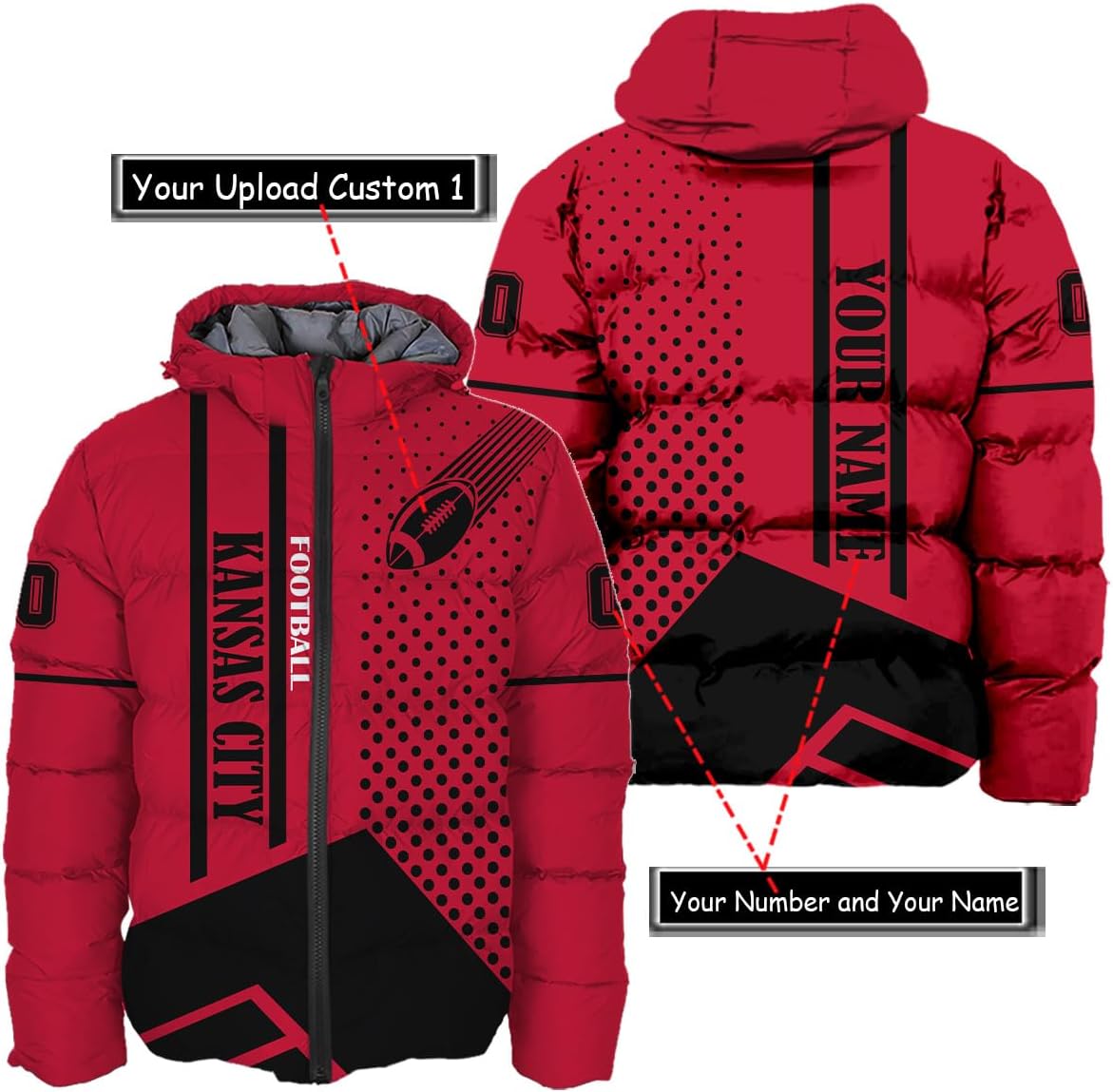 Personalized Kansas City Football Team Chiefs Men's Hooded Puffer Jacket