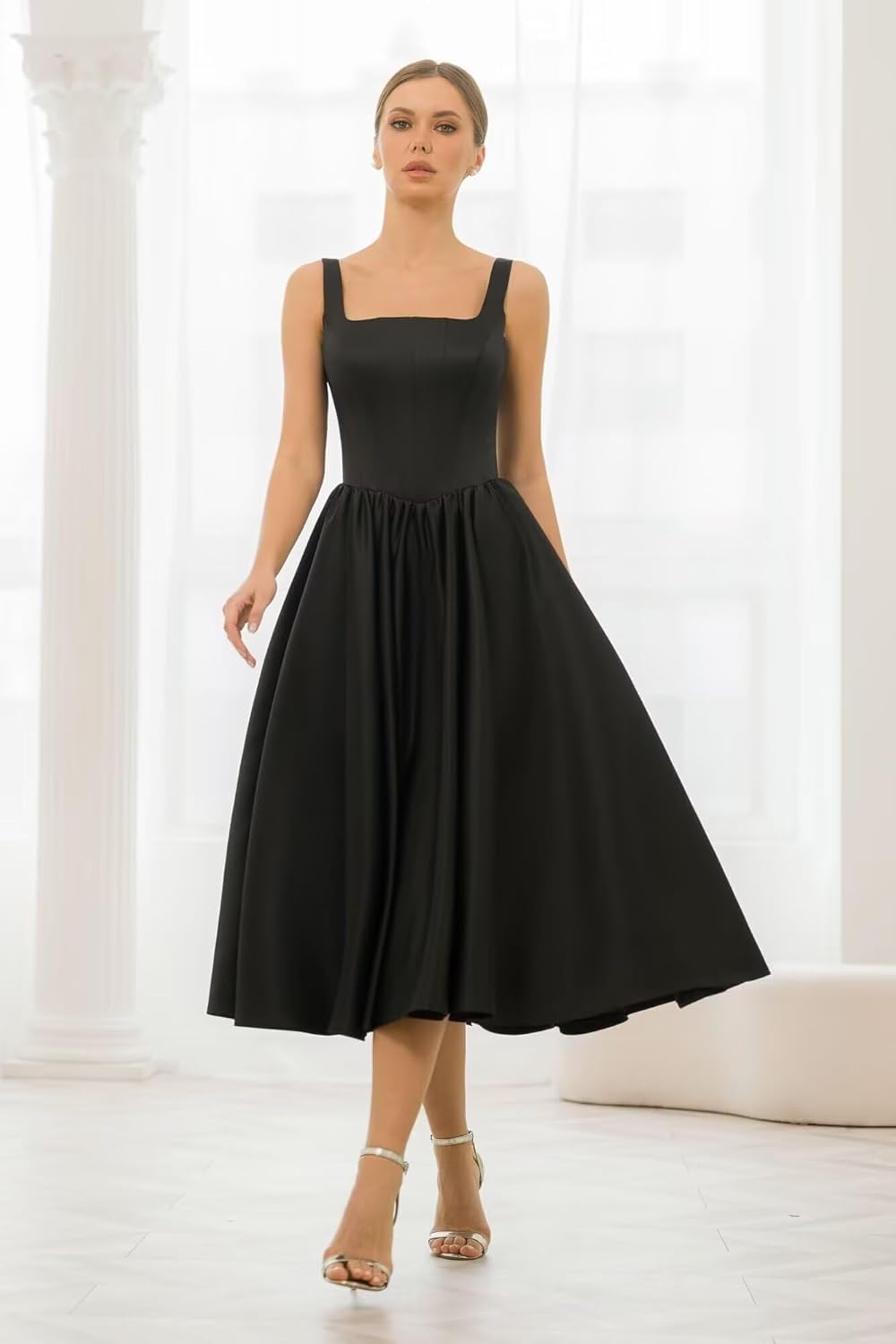 A-Line Tea Length Party Dress for Women, Pleated Satin Formal Evening Dress Prom Gown Wedding Gown - Image 4