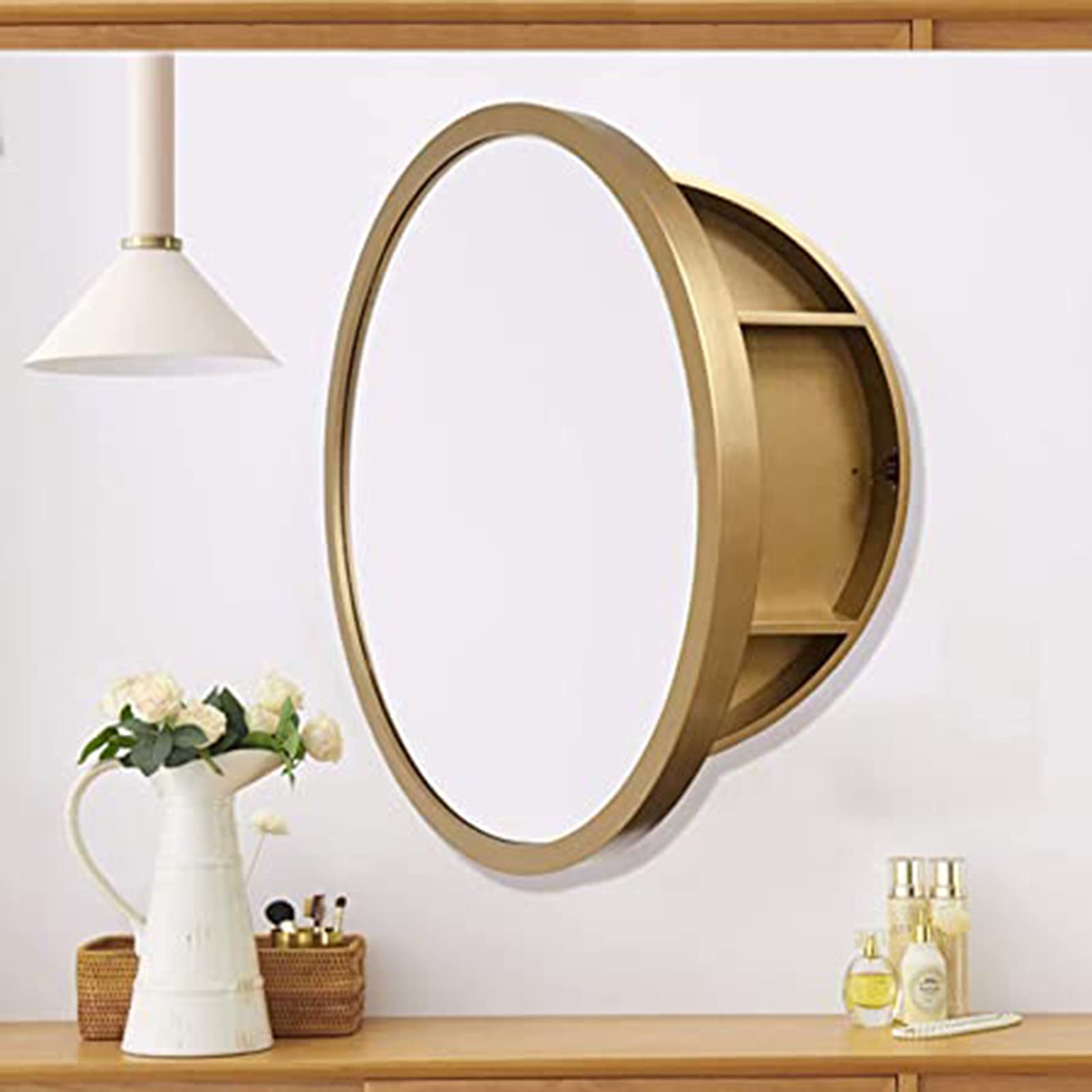 Lustro łazienkowe LED z inteligentnym dotykiem okrągła drewniana szafka naścienna w pełni zmontowana, stylowa szafka do przechowywania, 70 cm, brązowe, podświetlane lustro toaletkowe do nowoczesnych