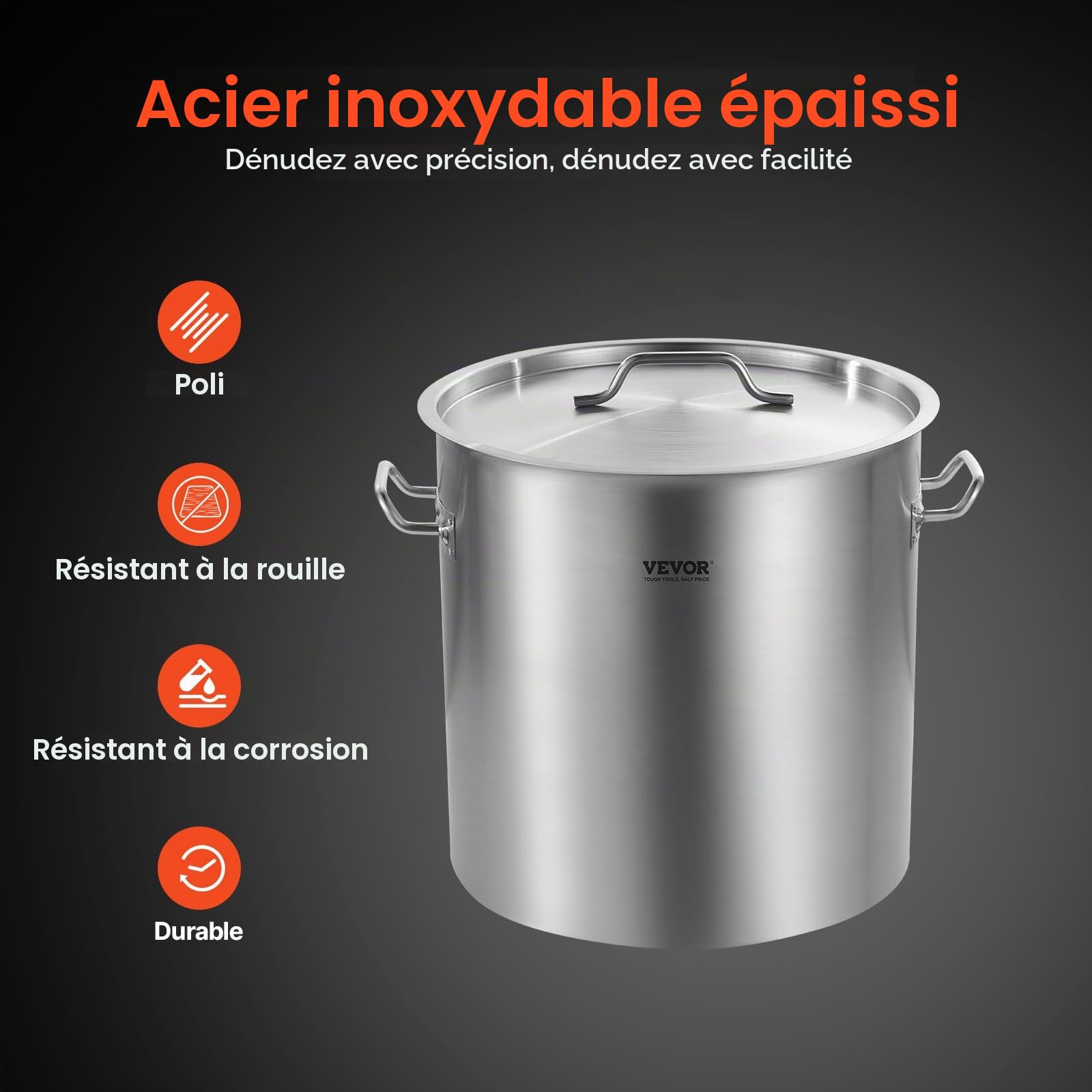 VEVOR Marmite en Acier Inoxydable 50,1 L avec Couvercle et Poignée, Faitout Robuste de Qualité Commerciale, Pot de Cuisson avec Traitement de Ponçage, Marmite Traiteur pour Grands Événements, Argent