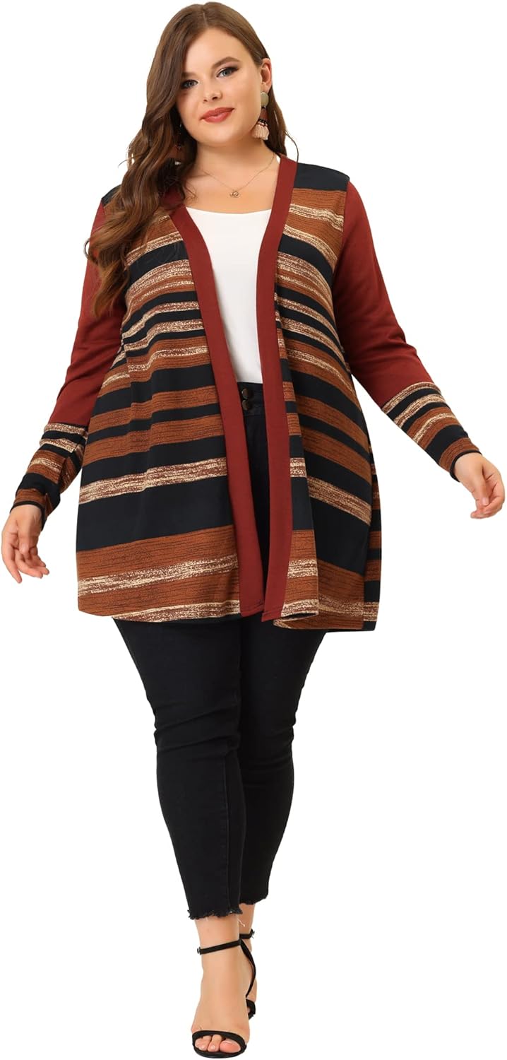 Agnes Orinda Plus Size Cardigan for Women Open Front Long Sleeve 2023 Striped Boho Sweater Cardigans - Image 3