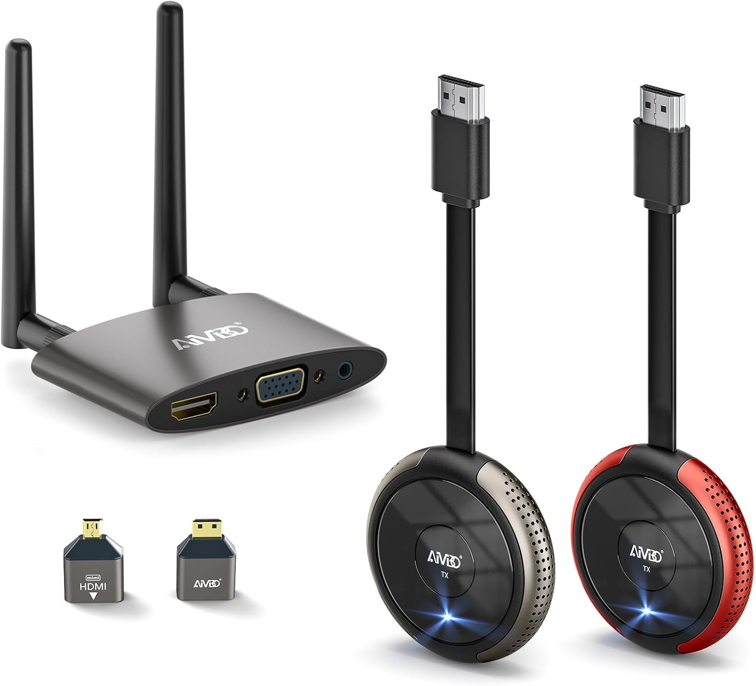 TIMBOOTECH Wireless HDMI Transmitter (Grey & Red) and Receiver 4K, 5.8G HDMI Wireless Transmitter Receiver Transmission Stable Video, Plug & Play, Support HDMI & VGA Dual Screens,165FT/50M(TX*2+RX*1)