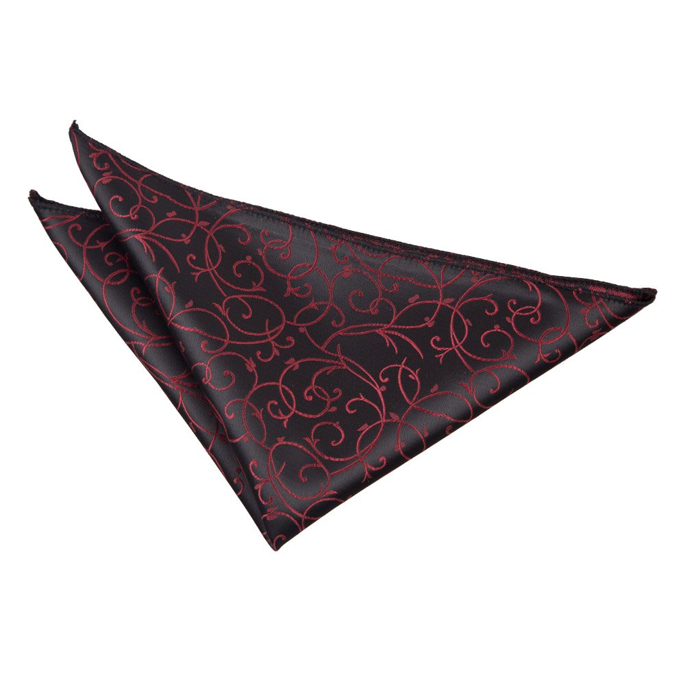 DQT Men Red Solid Plain Stripe Floral Paisley Polka Dot Pocket Square - Swirl Black & Burgundy