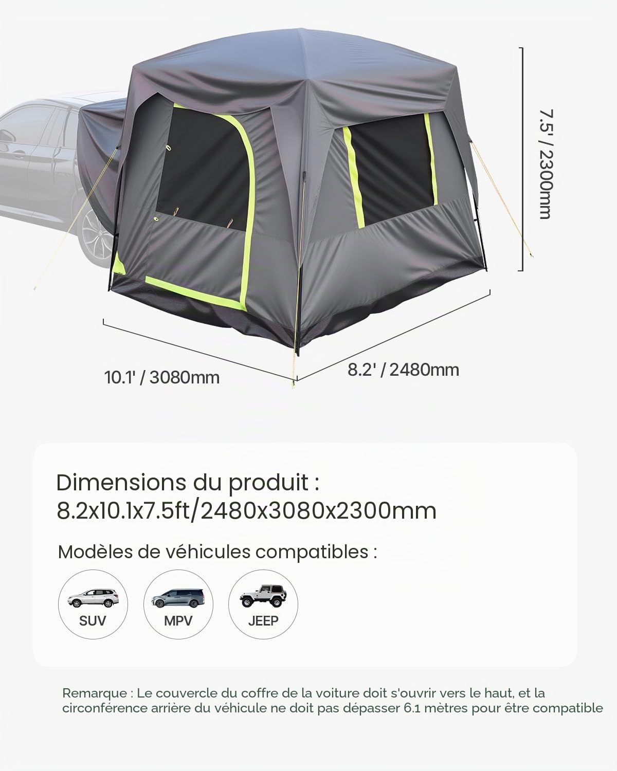 VEVOR Tente de camionnette / SUV pour camping, tente de lit imperméable PU2000 mm, tente de lit pour 2-3 personnes, conception de tente SUV pour 5-8 personnes